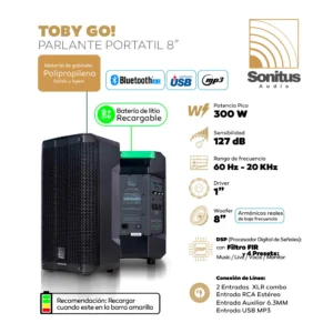 SONITUS - TOBY GO - Parlante Portátil 8″ - 300W Batería Recargable 127dB - Imagen 4